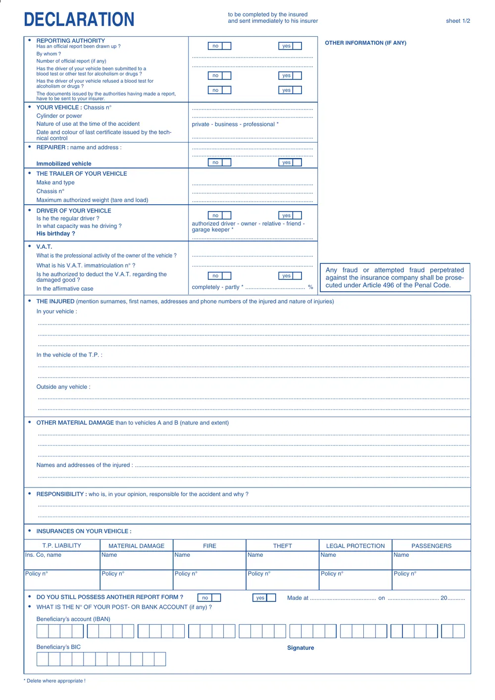 Back page of the European Accident Statement: the declaration to be completed by the insured and sent to their insurer