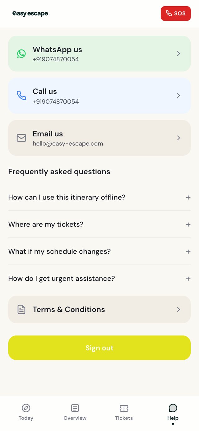 Easy Escape app live support chat with the trip team