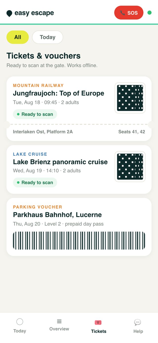 Easy Escape app showing tickets and vouchers