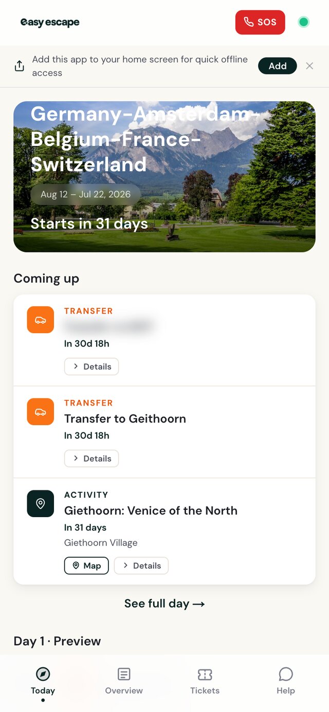 Easy Escape app showing today's drive, bookings and parking