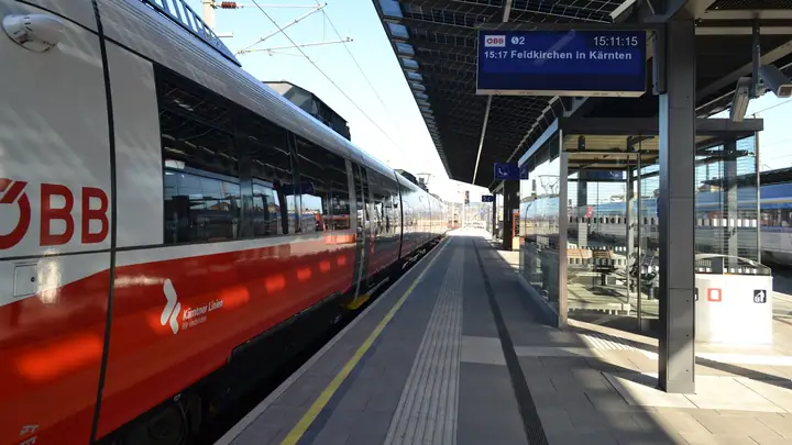 Train waiting at a European station platform