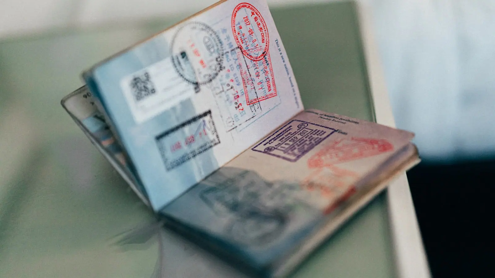 Passport with visa stamps and travel documents