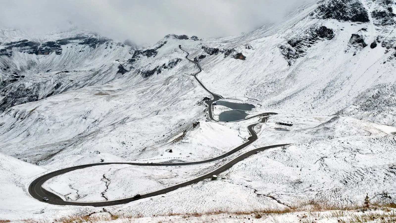 Snow-lined mountain road in the Alps in winter