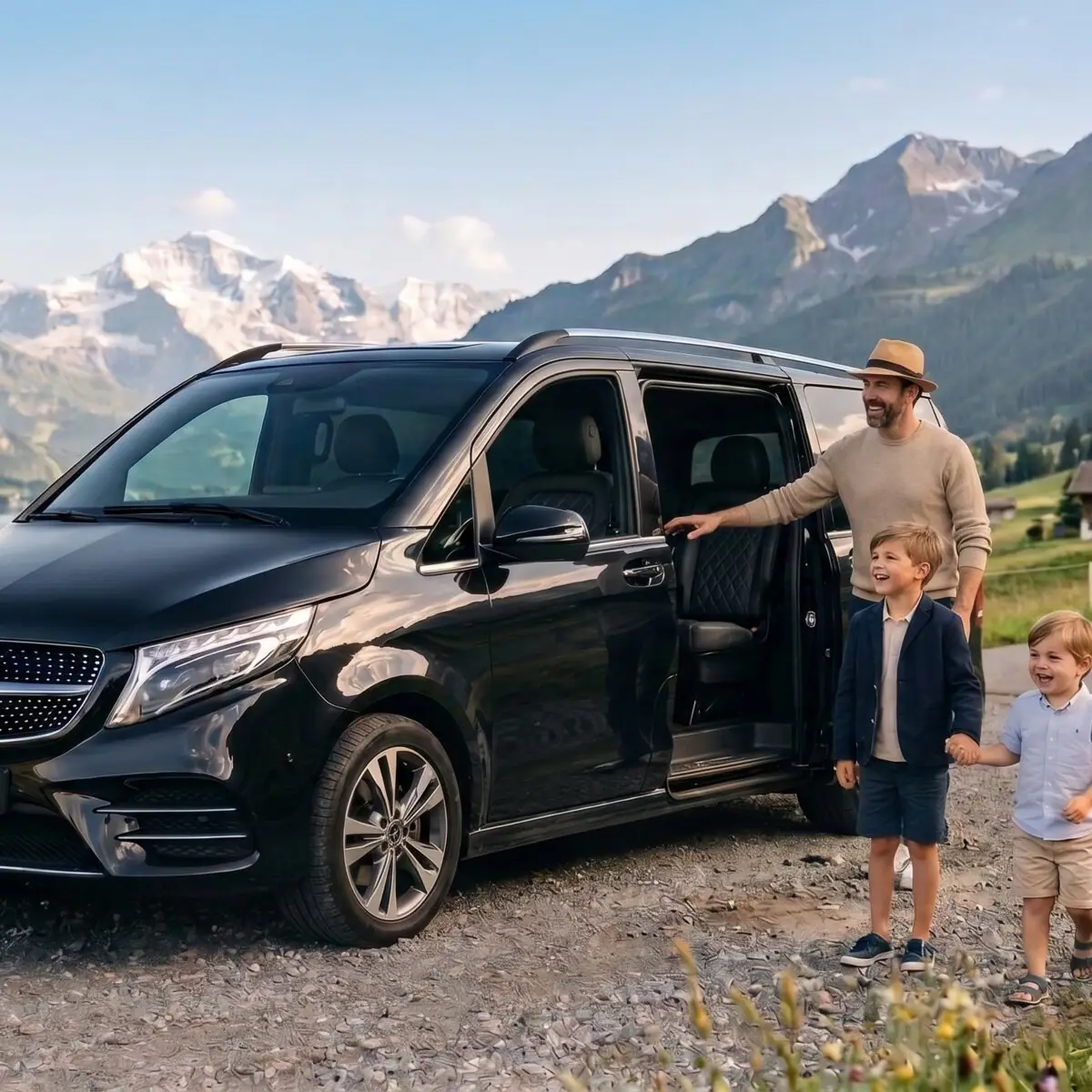 Family loading up a premium van by an alpine lake
