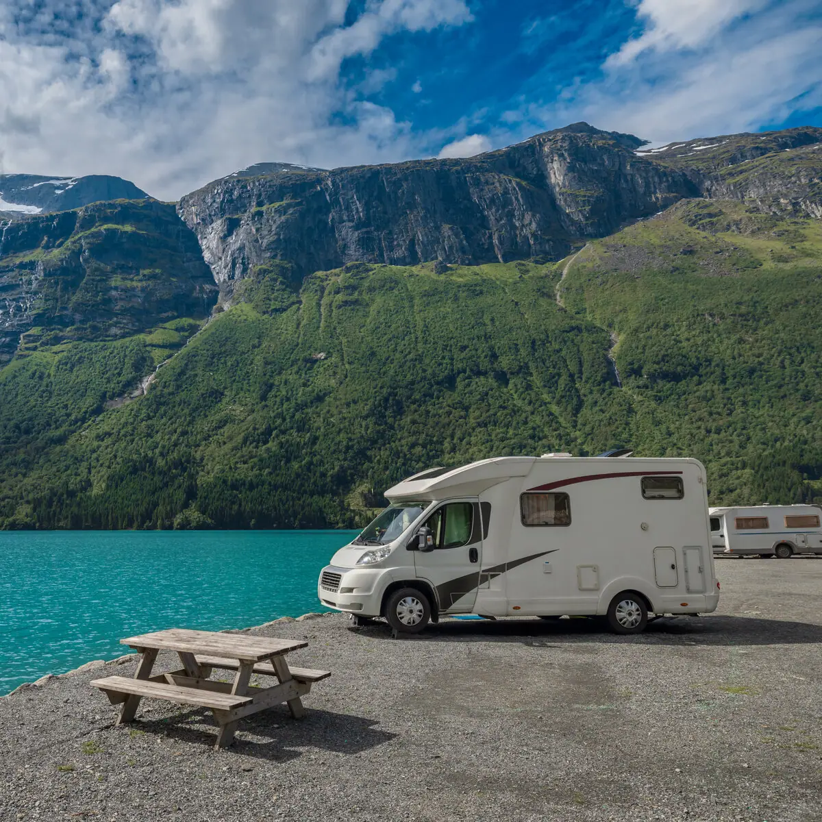 Campervan parked beside a turquoise mountain lake