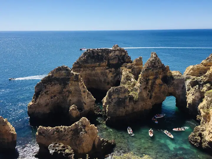 Golden cliffs and turquoise water on the Algarve coast